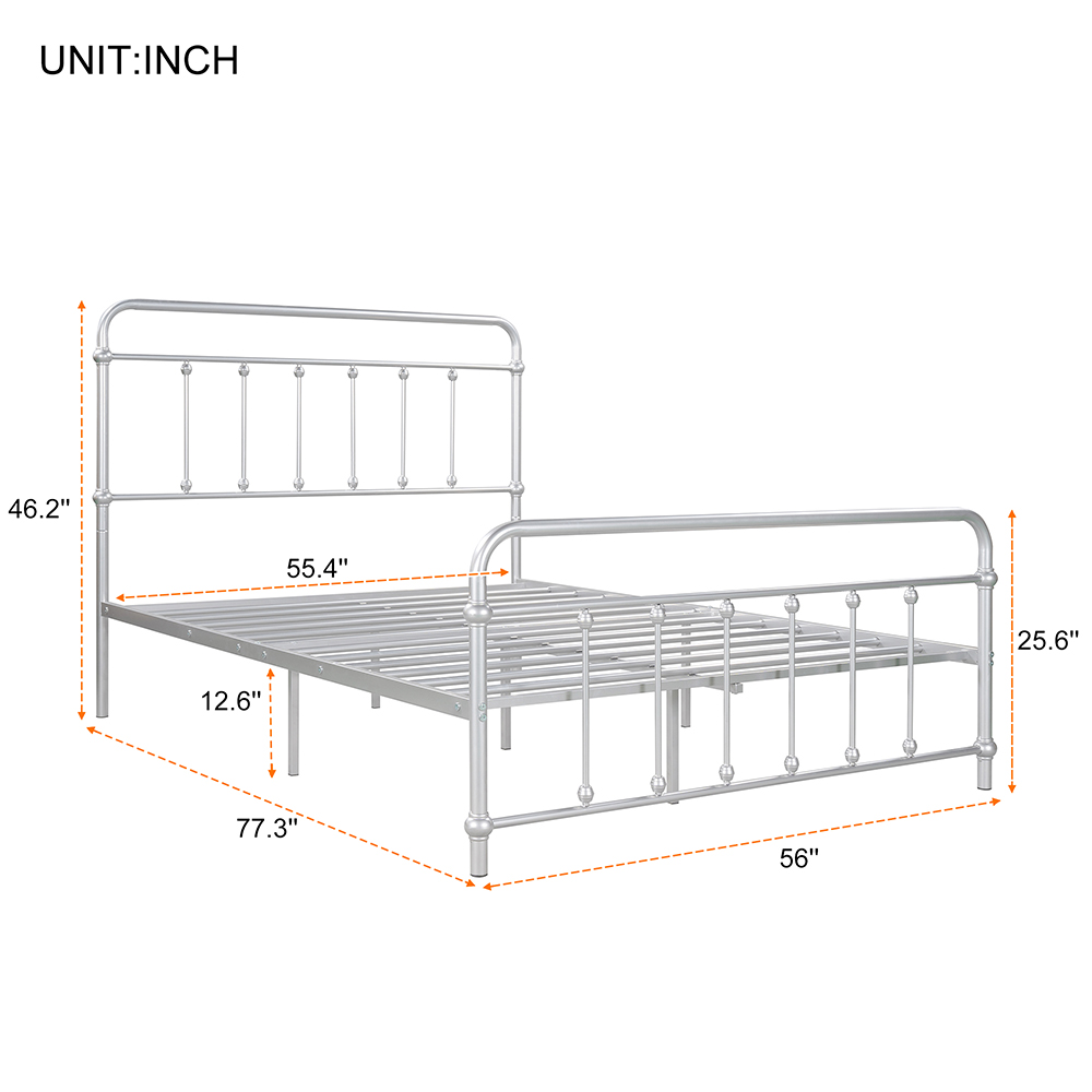 Full Size Metal Platform Bed Frame with Headboard, Footboard, and Iron Slats Support, No Spring Box Required (Frame Only) - Silver