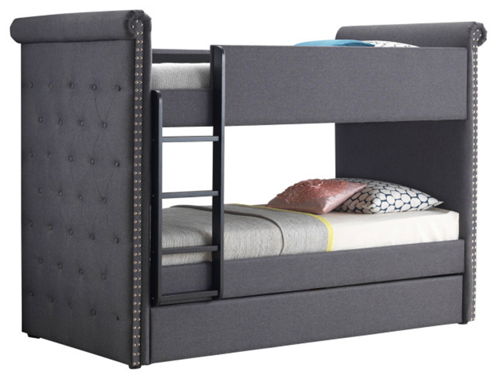ACME Twin-Over-Twin Size Fabric Bunk Bed Frame with Trundle Bed, and Wooden Slats Support, No Spring Box Required (Frame Only) - Gray