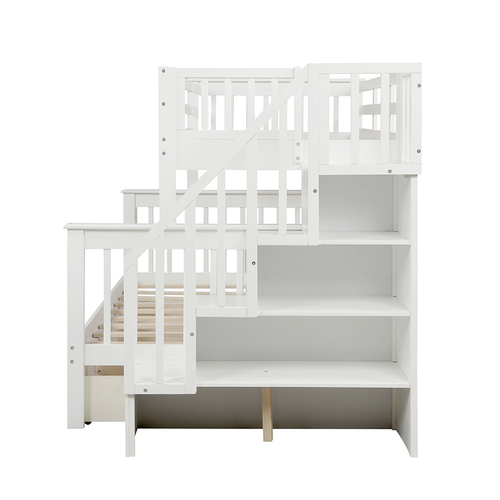 Twin-Over-Full Size Stairway Bunk Bed Frame with Storage Drawer, and Wooden Slats Support, No Spring Box Required (Frame Only) - White