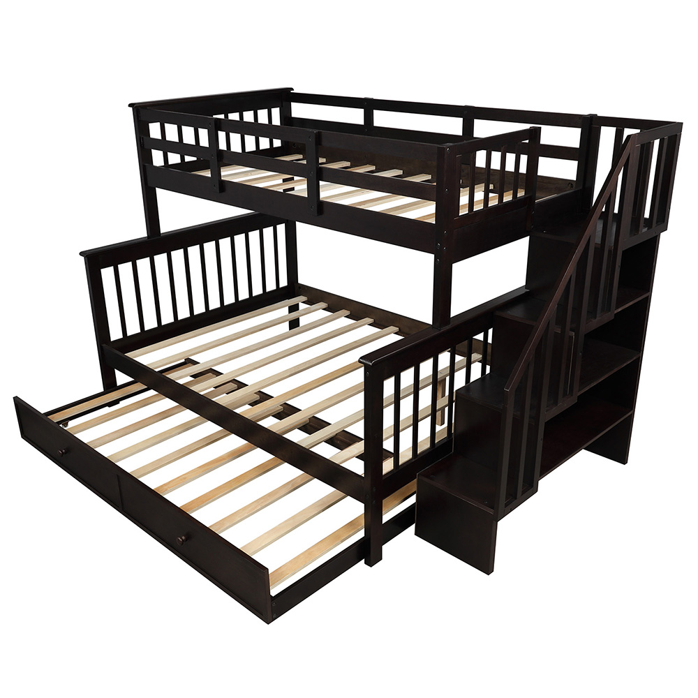 Twin-Over-Full Size Stairway Bunk Bed Frame with Trundle Bed, and Wooden Slats Support, No Spring Box Required (Frame Only) - Espresso