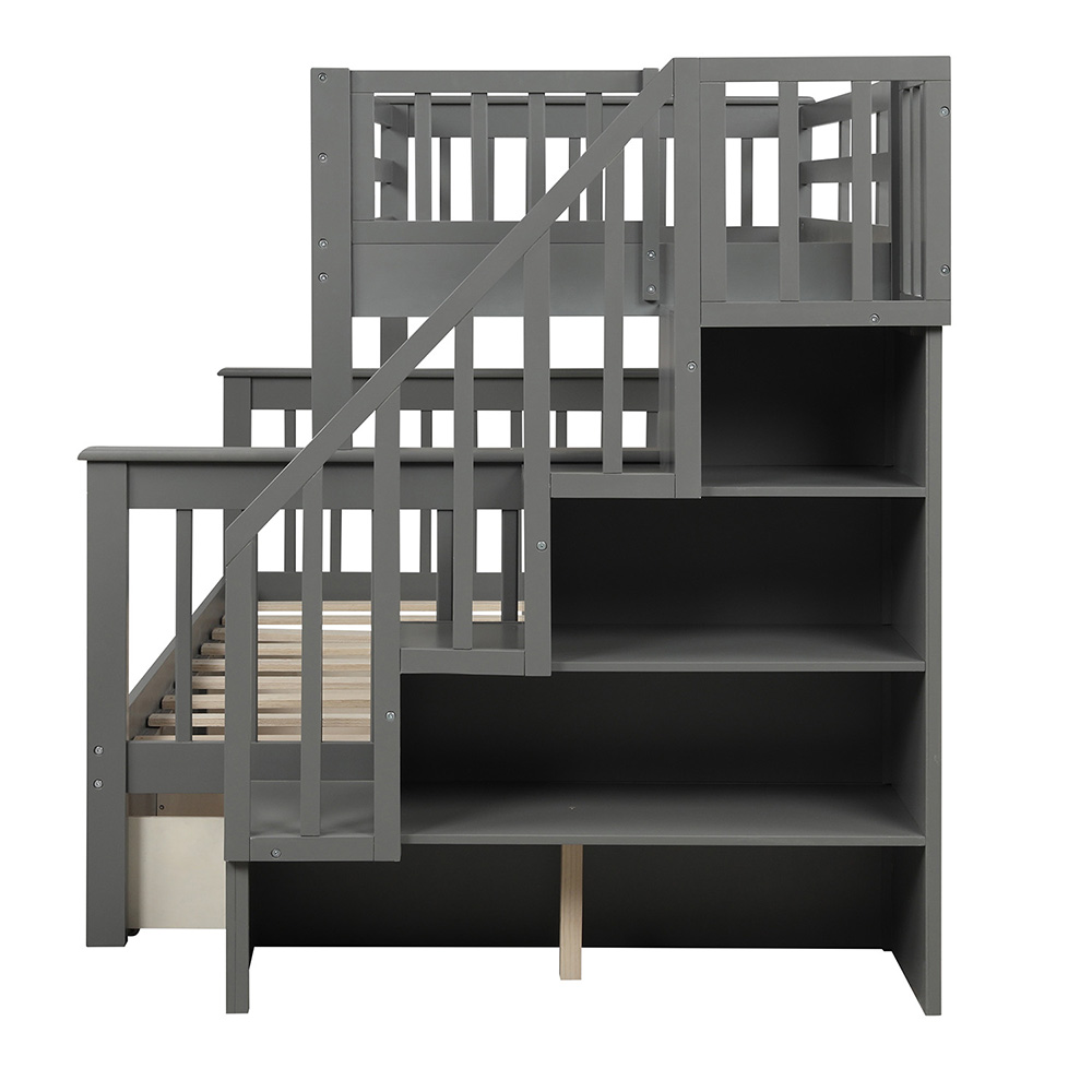 Twin-Over-Full Size Stairway Bunk Bed Frame with Trundle Bed, and Wooden Slats Support, No Spring Box Required (Frame Only) - Gray