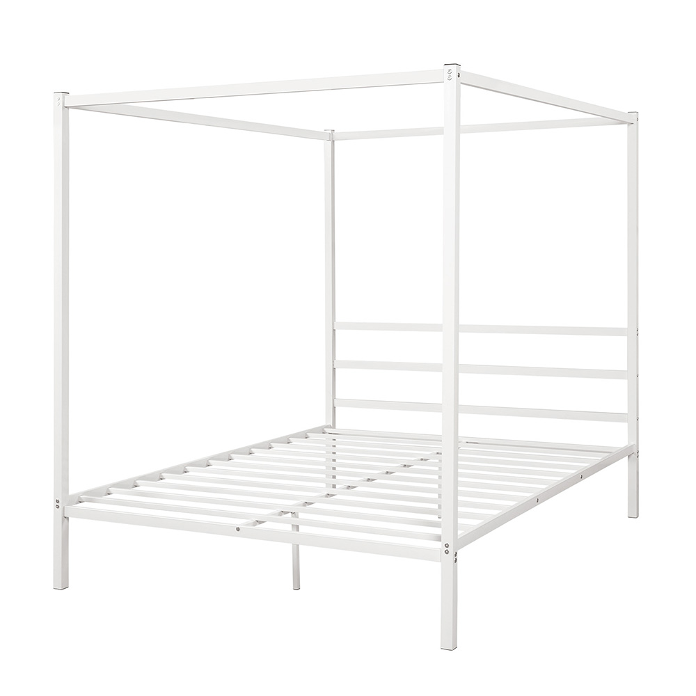 Queen Size Metal Canopy Platform Bed Frame with Built-in Headboard, and Metal Slats Support, No Spring Box Required (Frame Only) - White