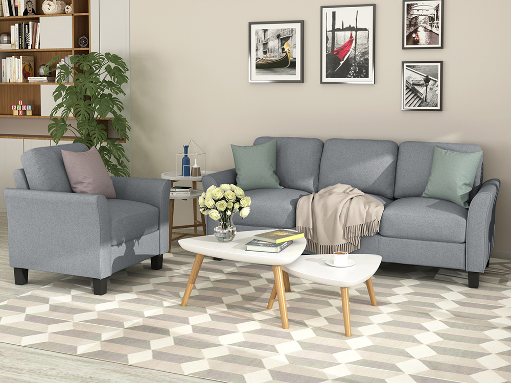 1+3-Seat Linen Upholstered Sofa with Wooden Frame, for Living Room, Bedroom, Office, Apartment - Dark Gray