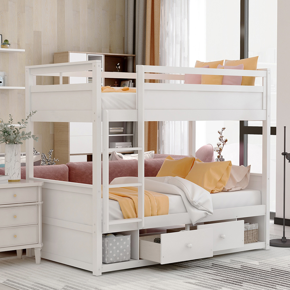 Twin-Over-Twin Size Bunk Bed Frame with 2 Storage Drawers, and Wooden Slats Support, No Spring Box Required (Frame Only) - White