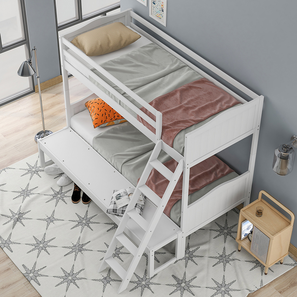Twin-Over-Twin/Full Size Convertible Bunk Bed Frame with Ladder, and Wooden Slats Support, No Spring Box Required (Frame Only) - White