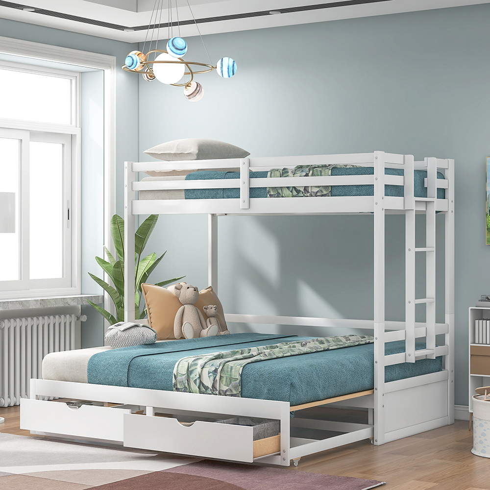 Twin-Over-Twin/Full/King Size Bunk Bed Frame with 2 Storage Drawers, and Wooden Slats Support, No Spring Box Required (Frame Only) - White