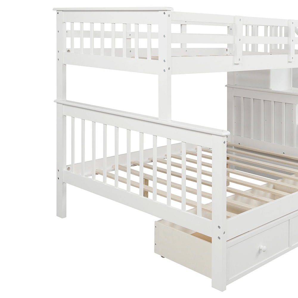 Twin-Over-Full Size Stairway Bunk Bed Frame with Storage Drawer, and Wooden Slats Support, No Spring Box Required (Frame Only) - White