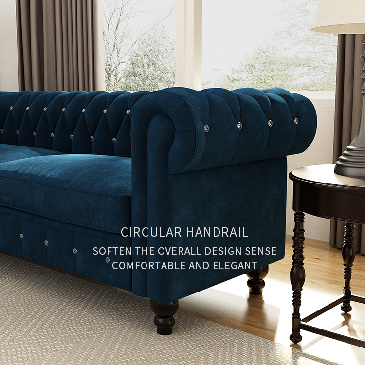80" 3-seat Velvet Upholstered Sofa with Wooden Legs, Armrests, and Backrest, for Living Room, Bedroom, Office, Apartment - Blue