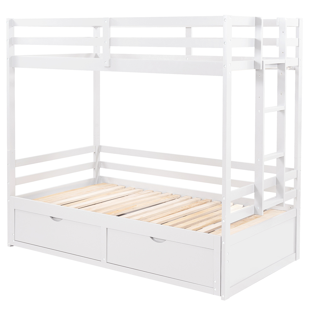 Twin-Over-Twin/Full/King Size Bunk Bed Frame with 2 Storage Drawers, and Wooden Slats Support, No Spring Box Required (Frame Only) - White