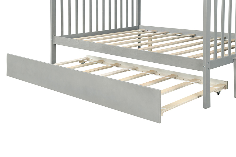Twin-Over-Full Size Stairway Bunk Bed Frame with Trundle Bed, and Wooden Slats Support, No Spring Box Required (Frame Only) - Gray