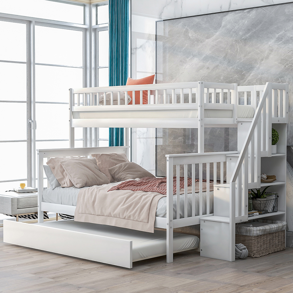 Twin-Over-Full Size Stairway Bunk Bed Frame with Trundle Bed, and Wooden Slats Support, No Spring Box Required (Frame Only) - White
