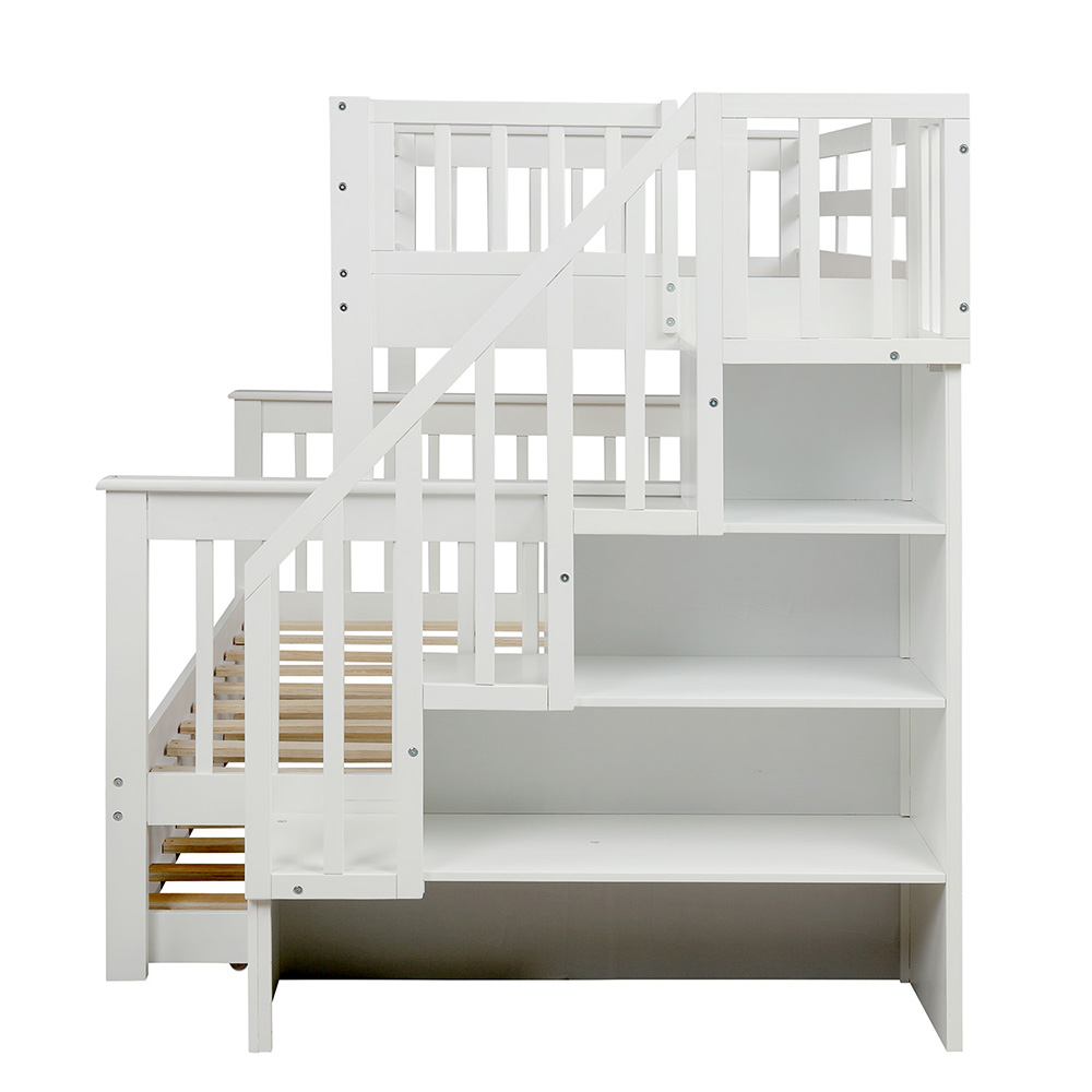 Twin-Over-Full Size Stairway Bunk Bed Frame with Trundle Bed, and Wooden Slats Support, No Spring Box Required (Frame Only) - White