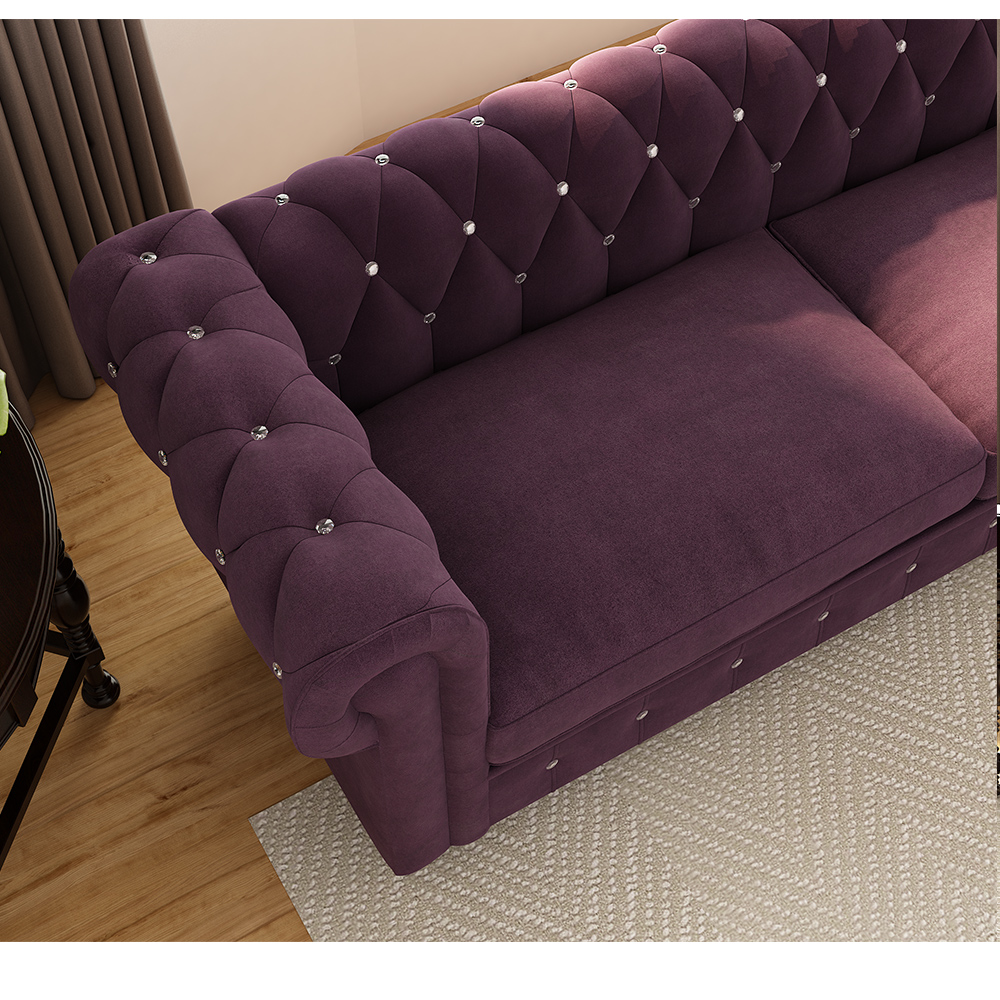 80" 3-seat Velvet Upholstered Sofa with Wooden Legs, Armrests, and Backrest, for Living Room, Bedroom, Office, Apartment - Purple