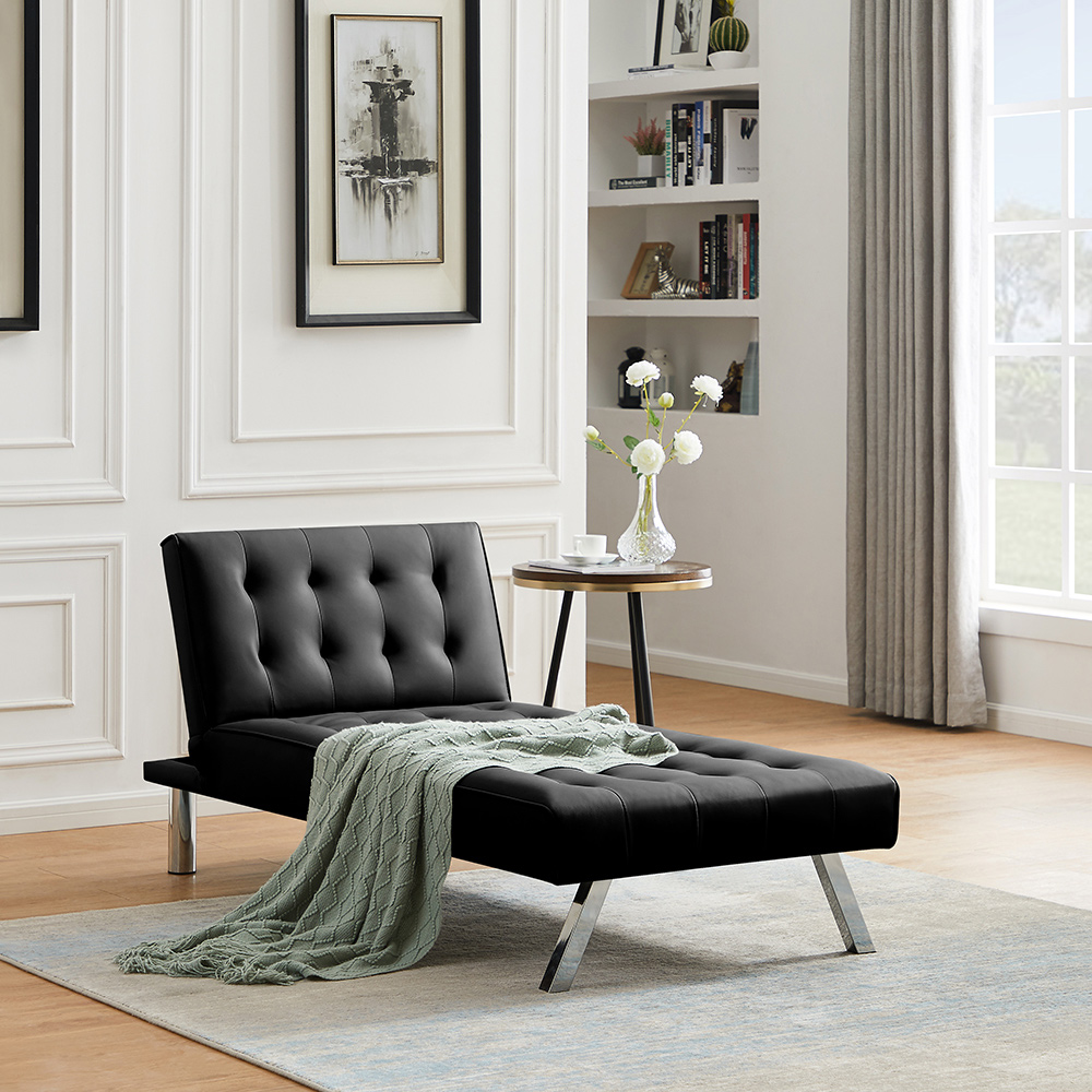 1-Seat PU Leather Armless Chaise with Solid Wood Frame and Metal Legs, for Living Room, Bedroom, Office, Apartment - Black