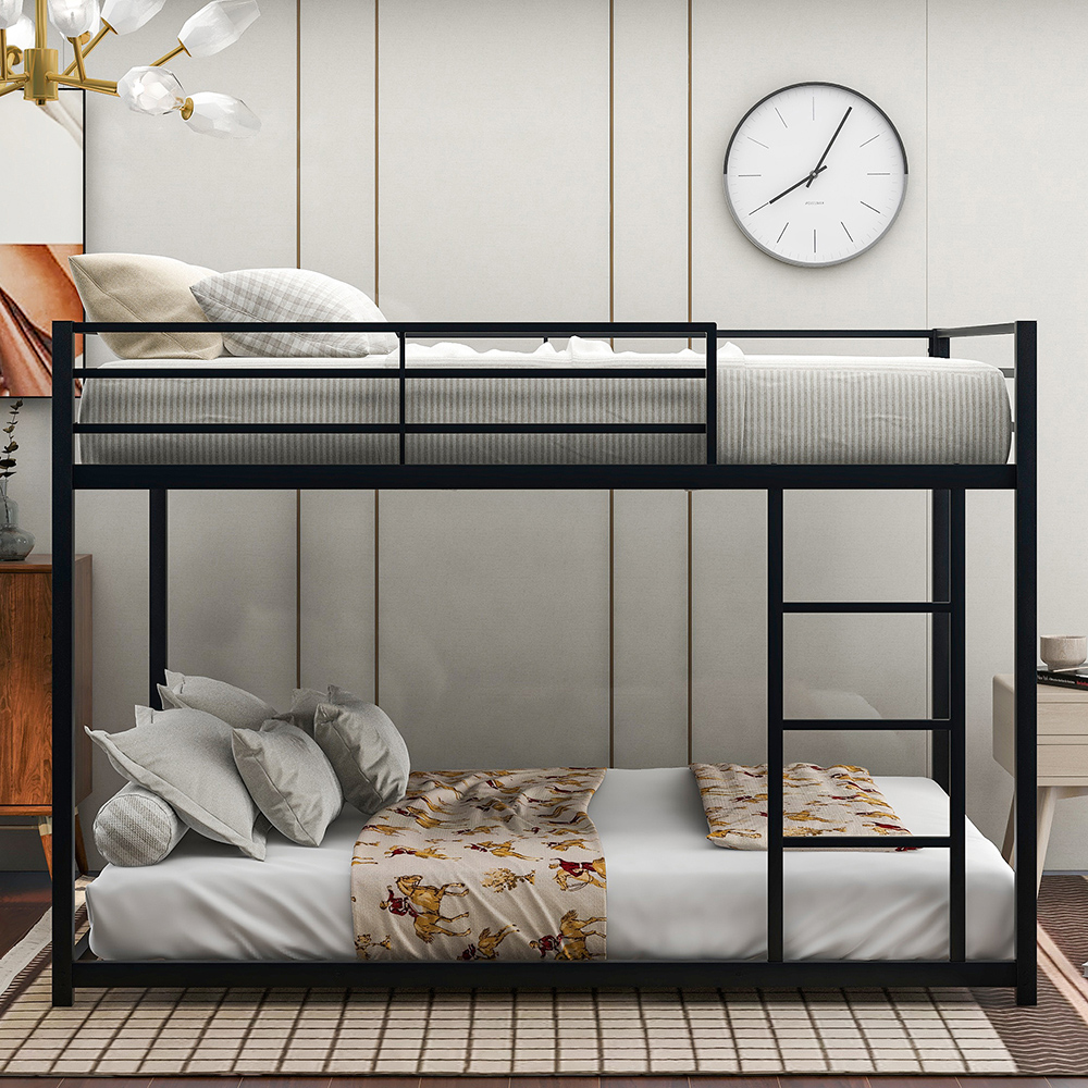 Full-Over-Full Size Bunk Bed Frame with Ladder, and Metal Slats Support, No Spring Box Required (Frame Only) - Black