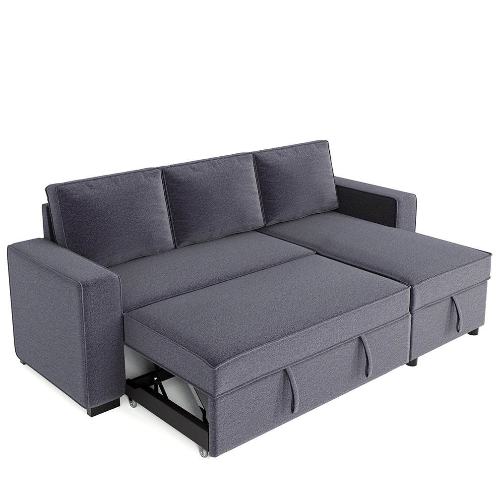 91.5" 3-Seat Pull-out Combination Polyester Sofa Bed with Storage Chaise and Wooden Frame, for Living Room, Bedroom, Office, Apartment - Gray