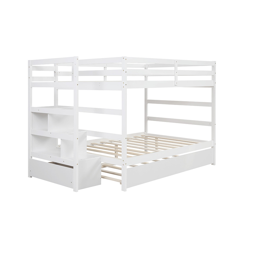 Full-Over-Full Size Wooden Bunk Bed Frame with Trundle Bed, and Storage Stairs, No Spring Box Required (Frame Only) - White