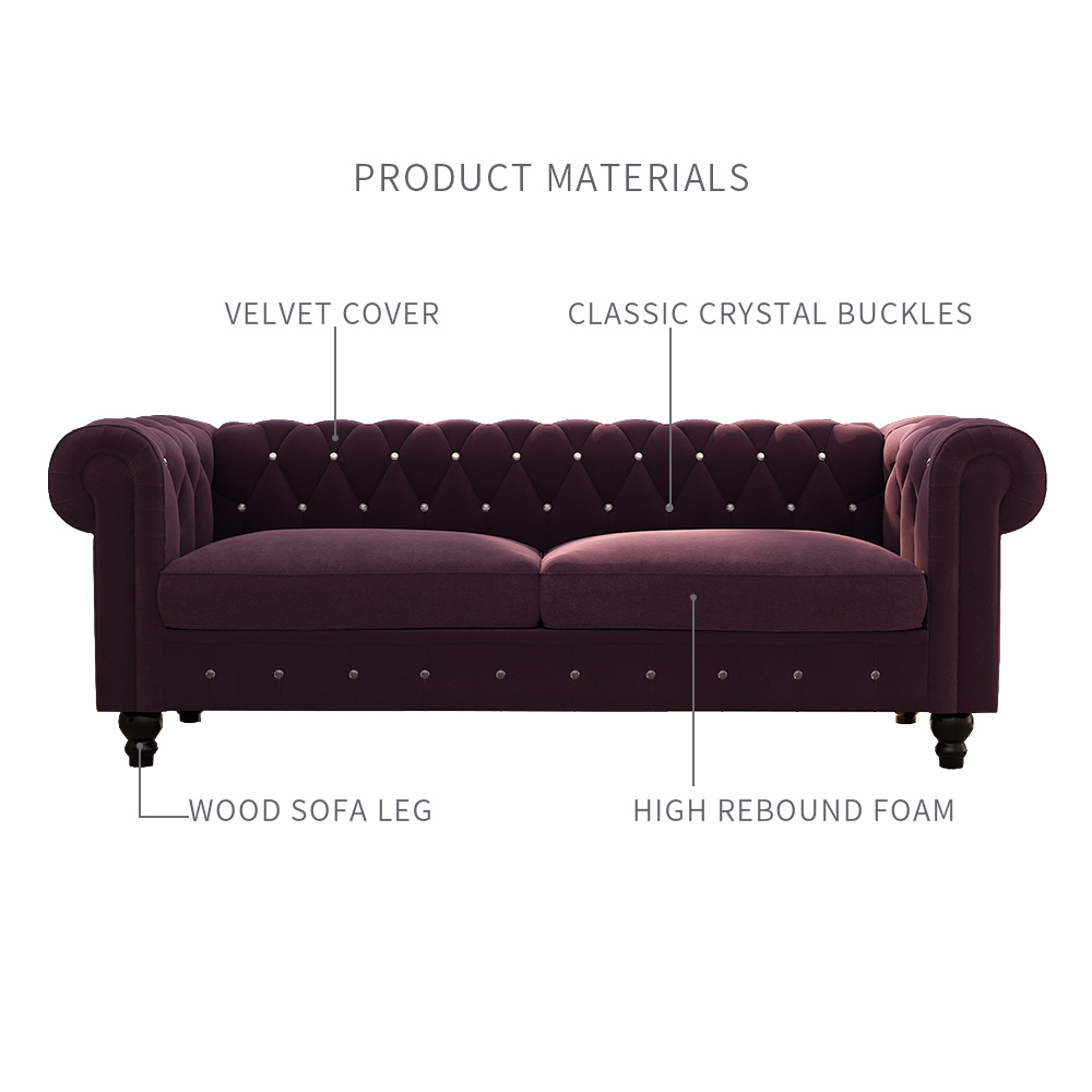 80" 3-seat Velvet Upholstered Sofa with Wooden Legs, Armrests, and Backrest, for Living Room, Bedroom, Office, Apartment - Purple