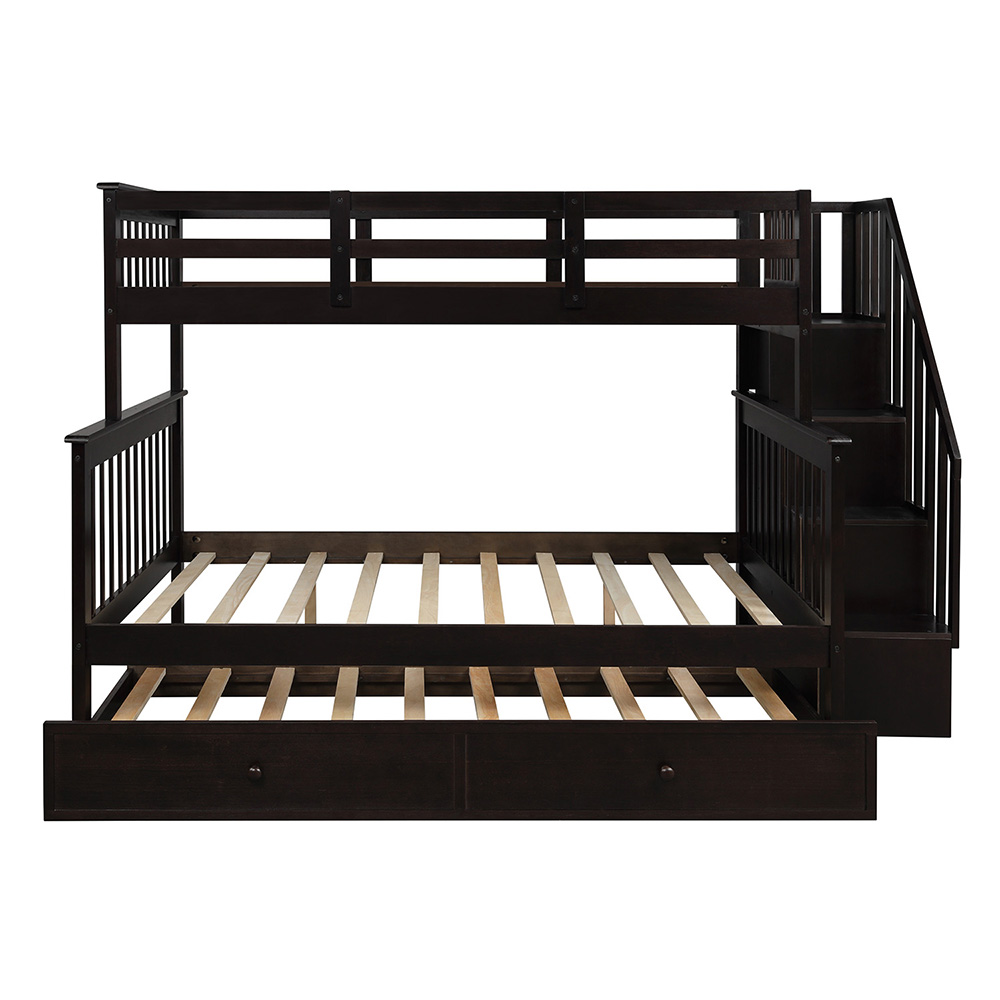 Twin-Over-Full Size Stairway Bunk Bed Frame with Trundle Bed, and Wooden Slats Support, No Spring Box Required (Frame Only) - Espresso