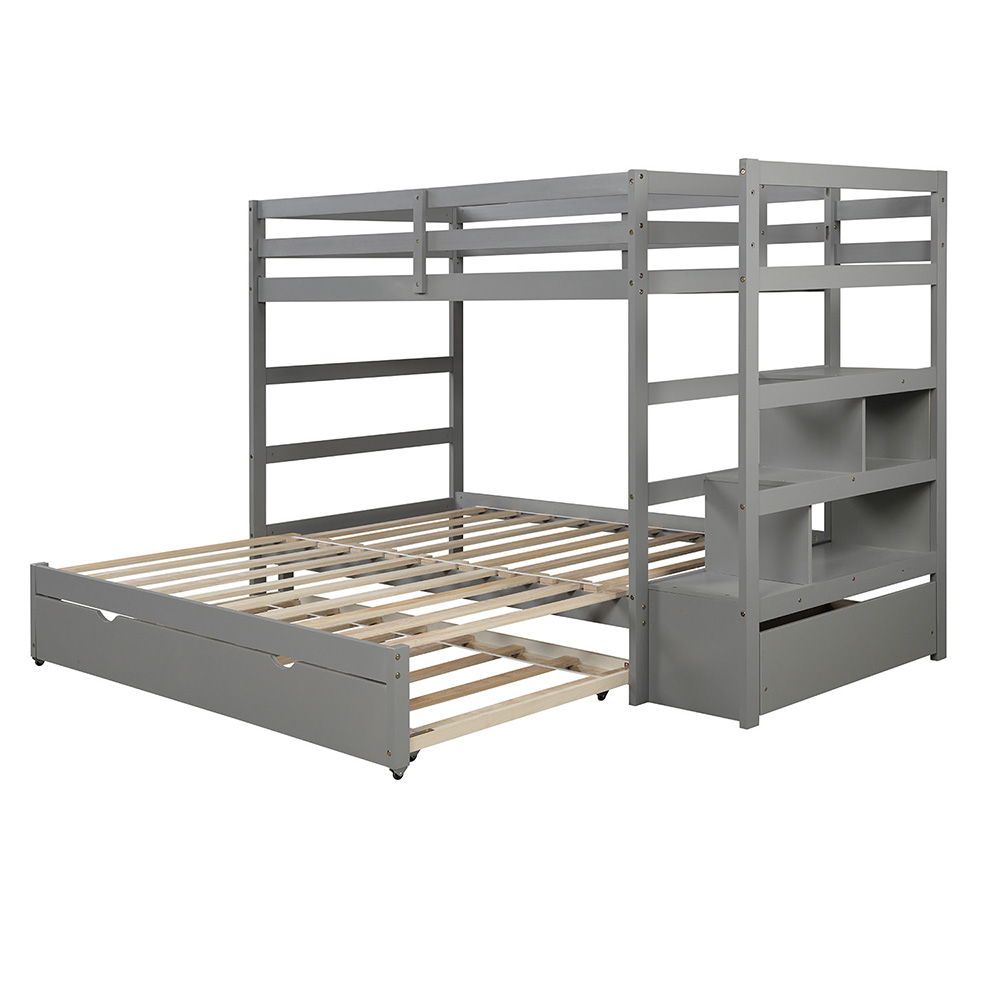 Twin-Over-Twin/King Size Wooden Bunk Bed Frame with Trundle Bed, and Storage Stairs, No Spring Box Required (Frame Only) - Gray