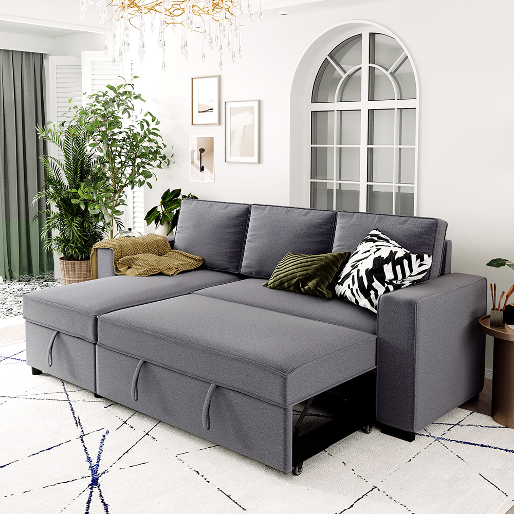 91.5" 3-Seat Pull-out Combination Polyester Sofa Bed with Storage Chaise and Wooden Frame, for Living Room, Bedroom, Office, Apartment - Gray