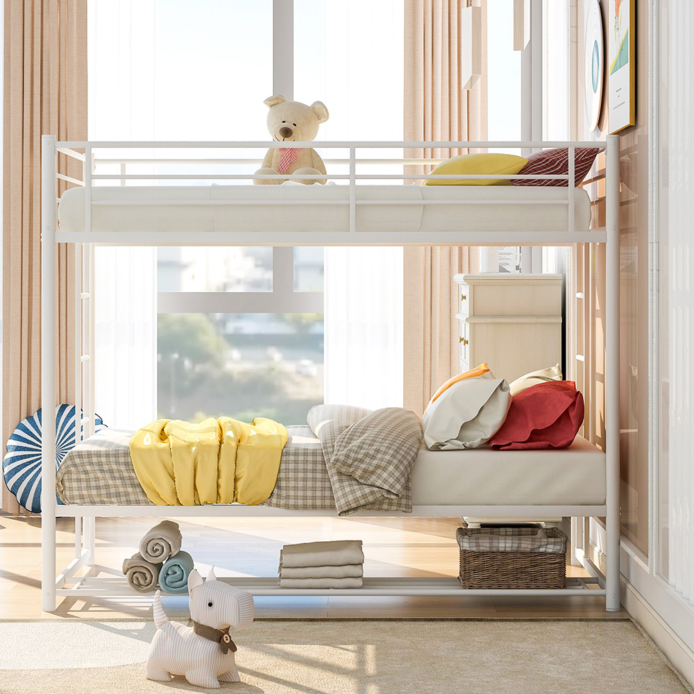 Twin-Over-Twin Size Metal Bunk Bed Frame with Ladder and Storage Bottom Shelf, No Spring Box Required (Frame Only) - White