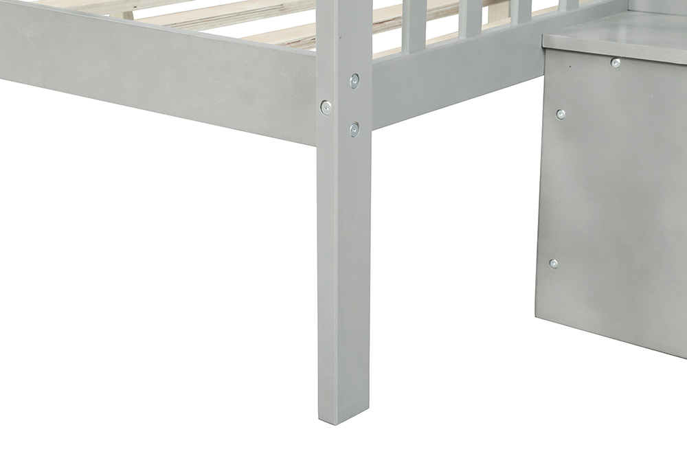 Twin-Over-Full Size Stairway Bunk Bed Frame with Trundle Bed, and Wooden Slats Support, No Spring Box Required (Frame Only) - Gray
