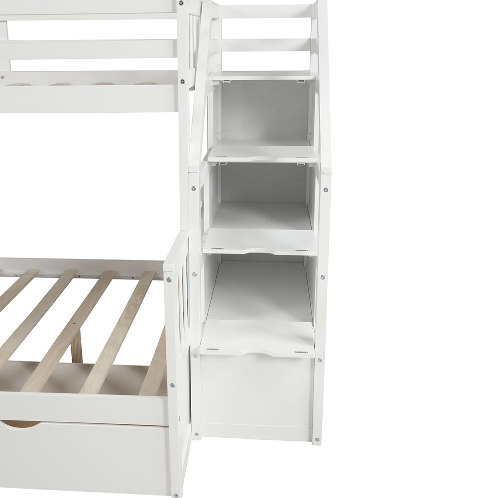 Twin-Over-Full Size Bunk Bed Frame with 2 Drawers, Storage Stairs, and Wooden Slats Support, No Spring Box Required (Frame Only) - White