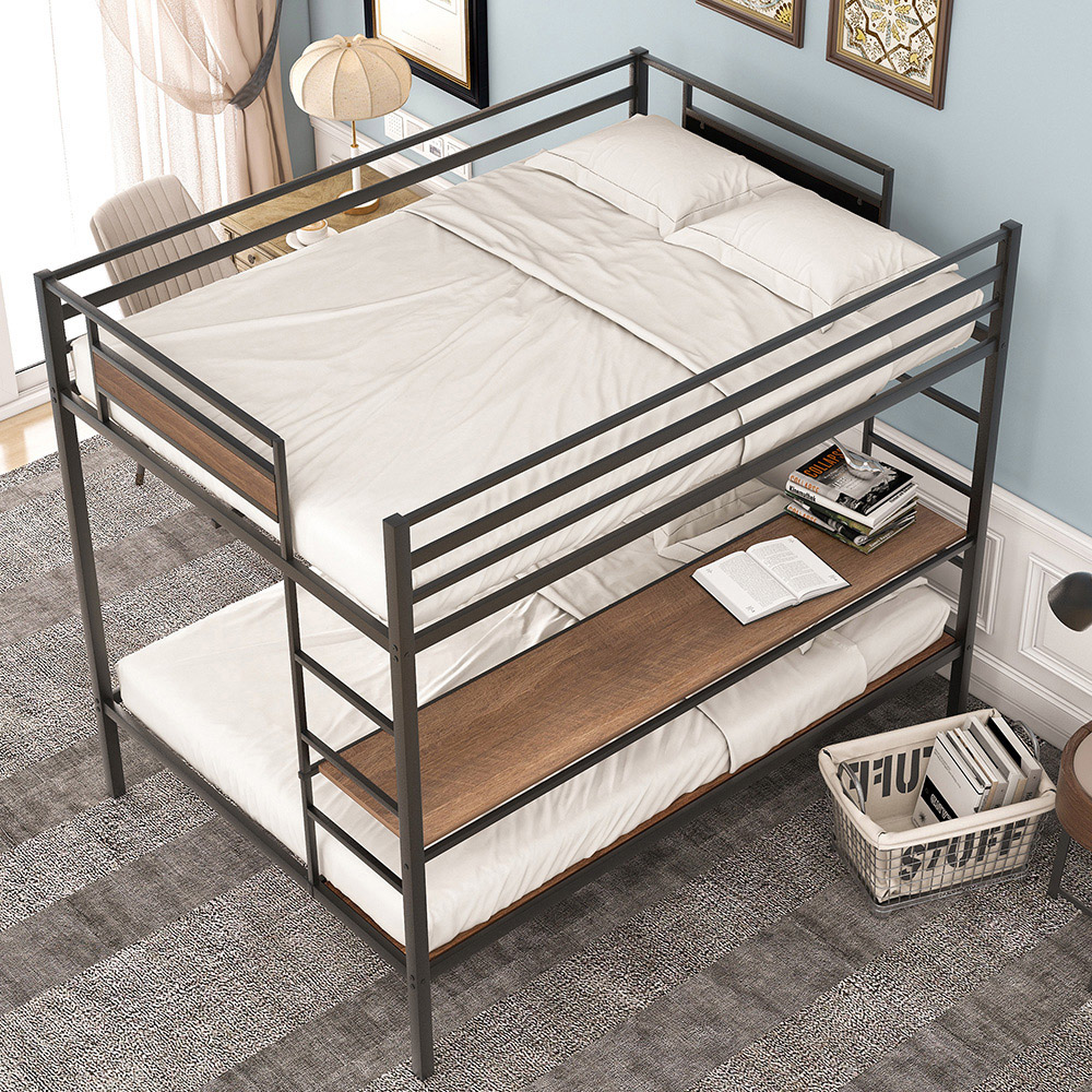 Full-Over-Twin/Full Size Bunk Bed Frame with Storage Shelves, and Metal Slats Support, No Spring Box Required (Frame Only) - Black