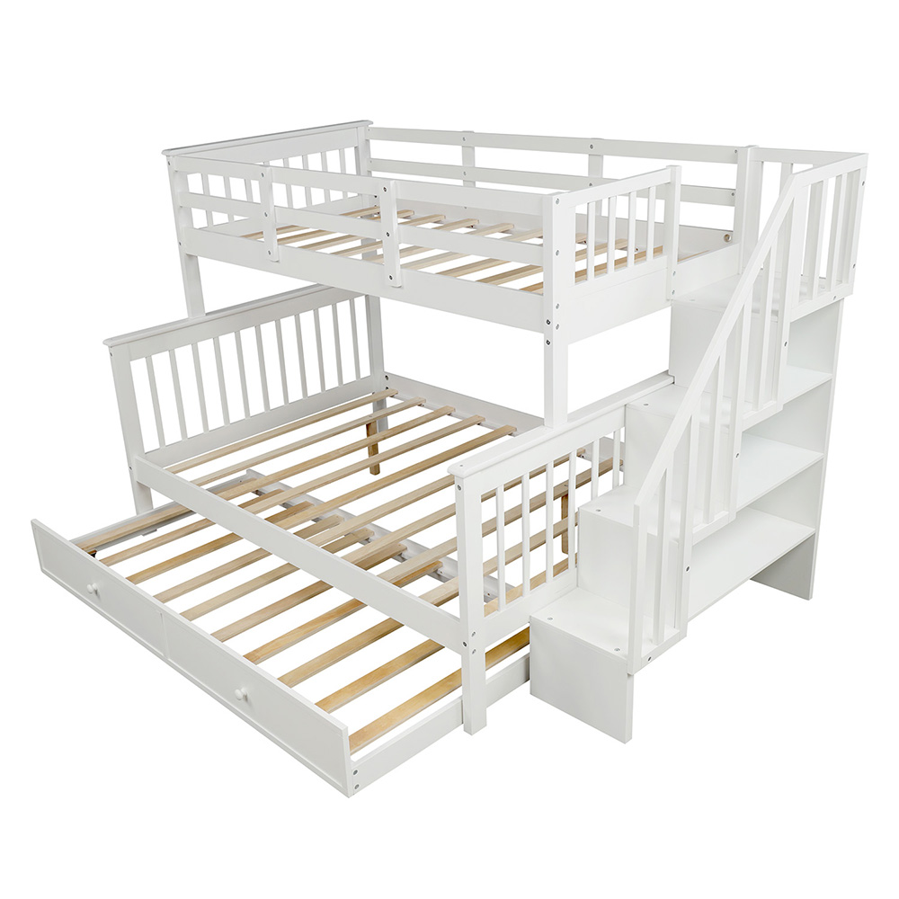 Twin-Over-Full Size Stairway Bunk Bed Frame with Trundle Bed, and Wooden Slats Support, No Spring Box Required (Frame Only) - White