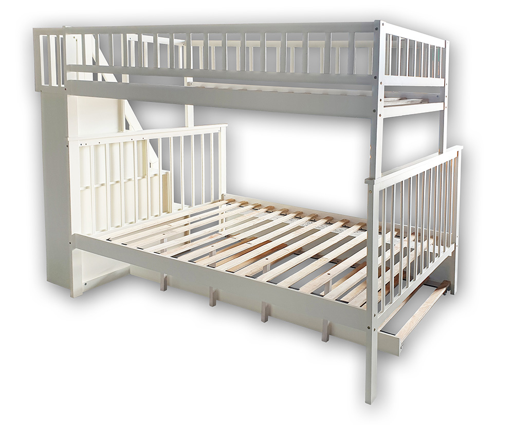 Twin-Over-Full Size Stairway Bunk Bed Frame with Trundle Bed, and Wooden Slats Support, No Spring Box Required (Frame Only) - White