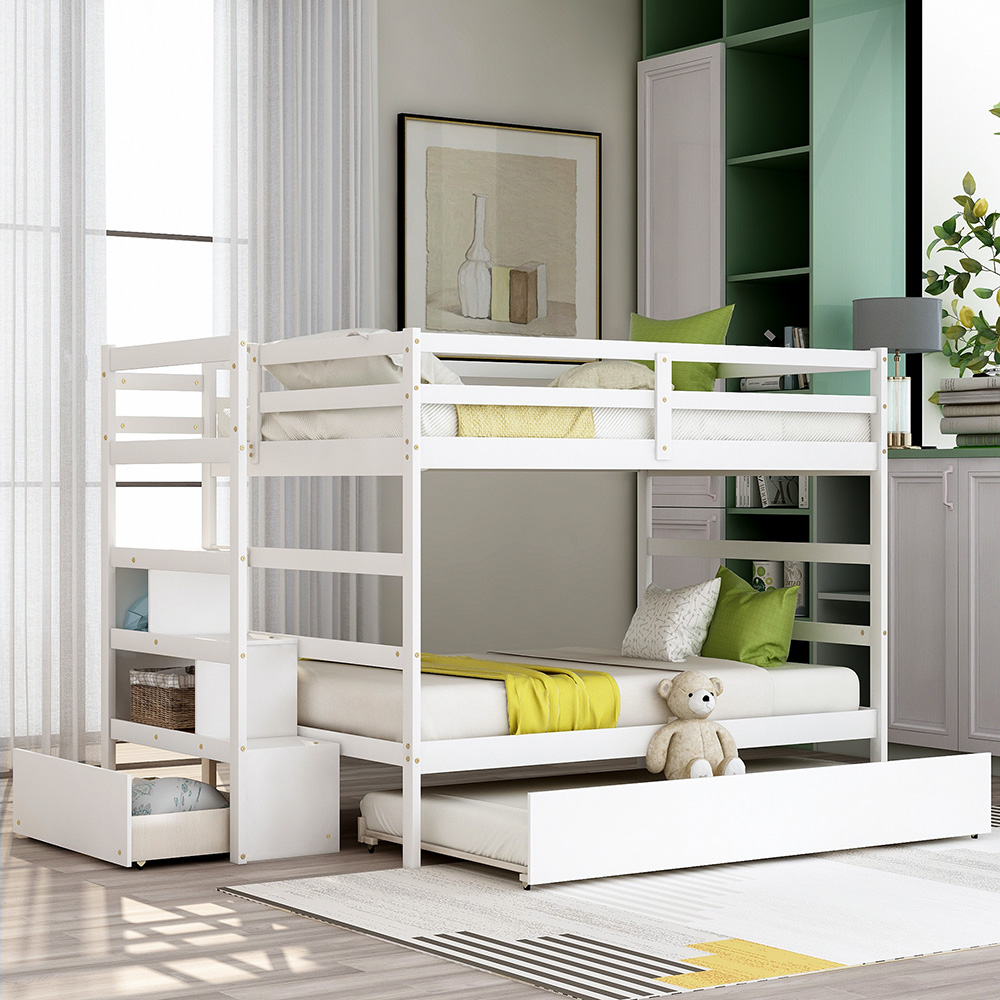 Full-Over-Full Size Wooden Bunk Bed Frame with Trundle Bed, and Storage Stairs, No Spring Box Required (Frame Only) - White