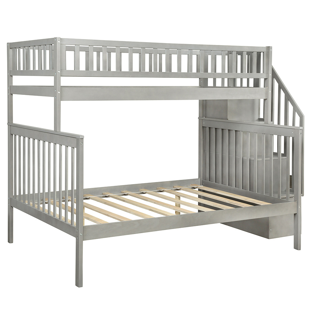 Twin-Over-Full Size Stairway Bunk Bed Frame with Trundle Bed, and Wooden Slats Support, No Spring Box Required (Frame Only) - Gray