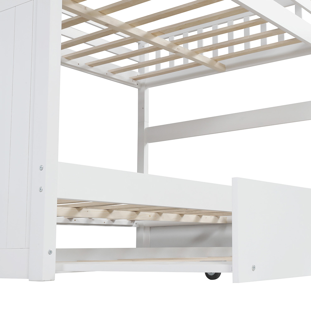 Full-Over-Full Size Bunk Bed Frame with Trundle Bed, Storage Stairs, and Wooden Slats Support, No Spring Box Required (Frame Only) - White