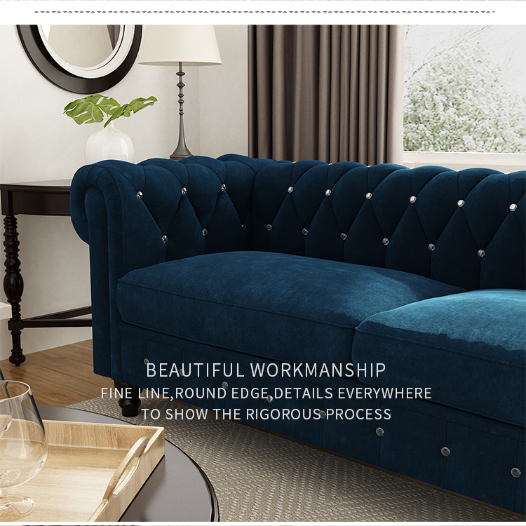 80" 3-seat Velvet Upholstered Sofa with Wooden Legs, Armrests, and Backrest, for Living Room, Bedroom, Office, Apartment - Blue