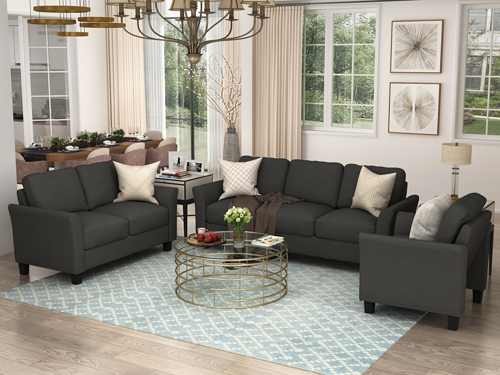 U-STYLE 3+2+1-Seat Polyester Blend Sofa Sofa Set, with Solid Wood Frame and Plastic Feet, for Living Room, Bedroom, Office, Apartment - Black