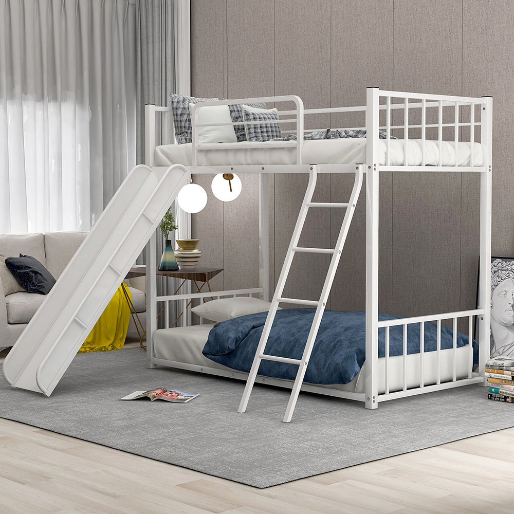 Twin-Over-Twin Size Bunk Bed Frame with Slide, and Metal Slats Support, No Spring Box Required (Frame Only) - White