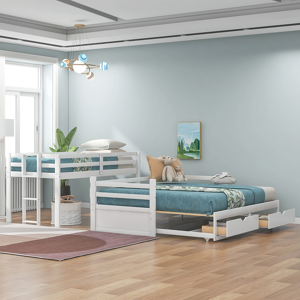 Twin-Over-Twin/Full/King Size Bunk Bed Frame with 2 Storage Drawers, and Wooden Slats Support, No Spring Box Required (Frame Only) - White