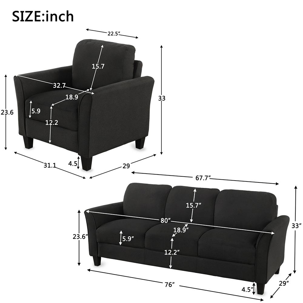 1+3-Seat Linen Upholstered Sofa with Wooden Frame, for Living Room, Bedroom, Office, Apartment - Black