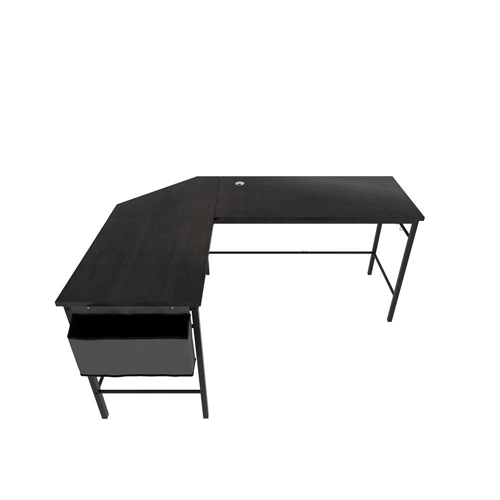 Home Office L-Shaped Computer Desk with Storage Bag, Wooden Tabletop and Metal Frame - Black