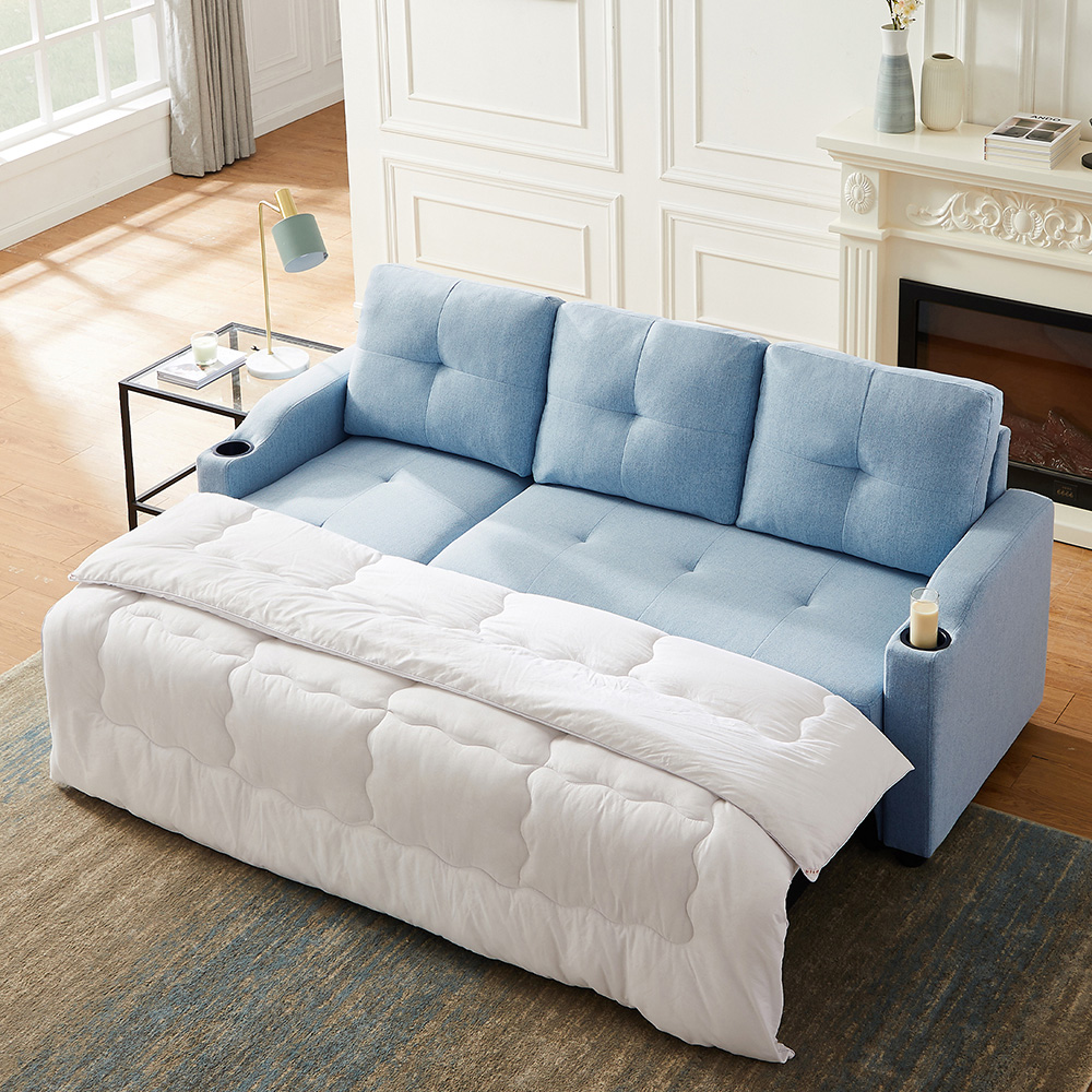 Orisfur 81" Linen Upholstered Sofa Bed with Storage Chaise and 2 Cup Holders, for Living Room, Bedroom, Office, Apartment - Gray