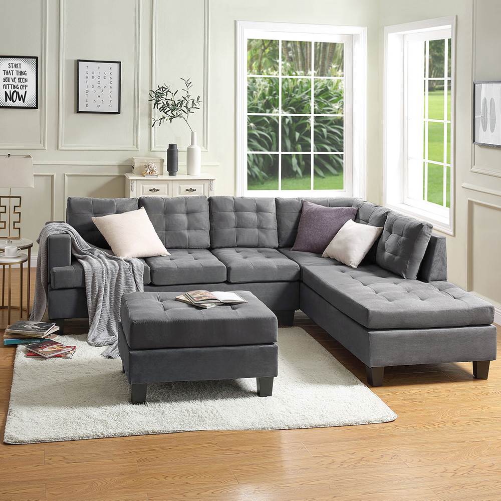 U-STYLE 5-Seat Microfiber Upholstered Sectional Sofa with Storage Ottoman and Wooden Frame, for Living Room, Bedroom, Office, Apartment - Gray