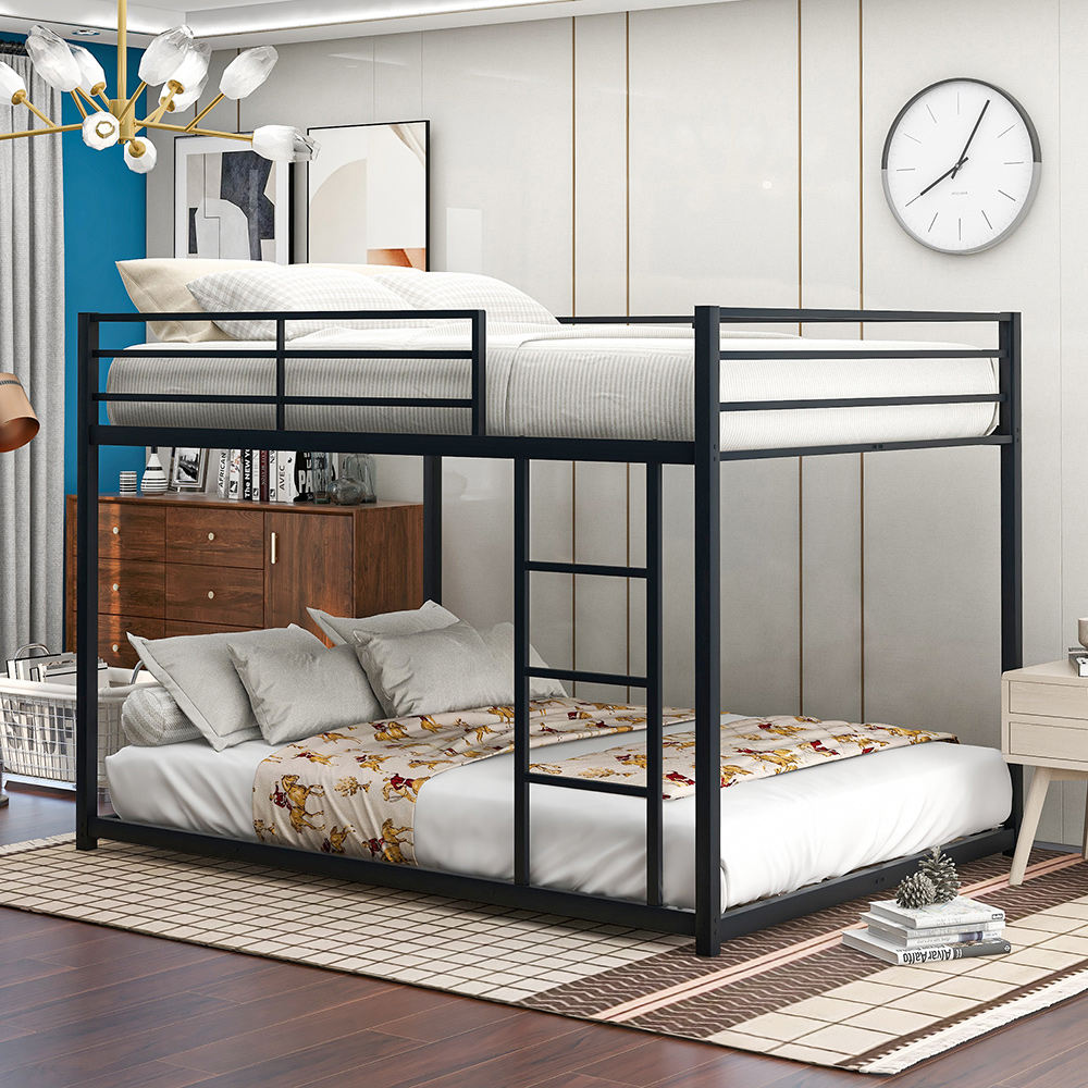 Full-Over-Full Size Bunk Bed Frame with Ladder, and Metal Slats Support, No Spring Box Required (Frame Only) - Black