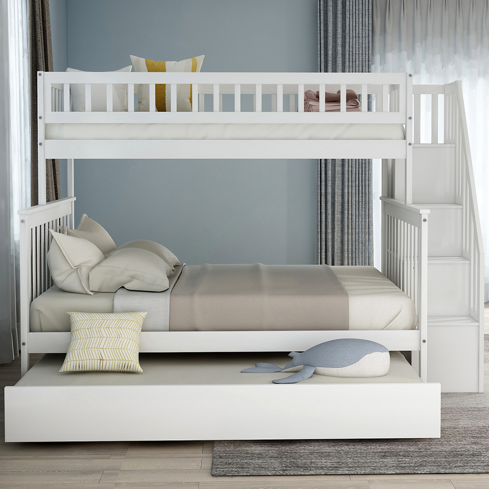 Twin-Over-Full Size Stairway Bunk Bed Frame with Trundle Bed, and Wooden Slats Support, No Spring Box Required (Frame Only) - White