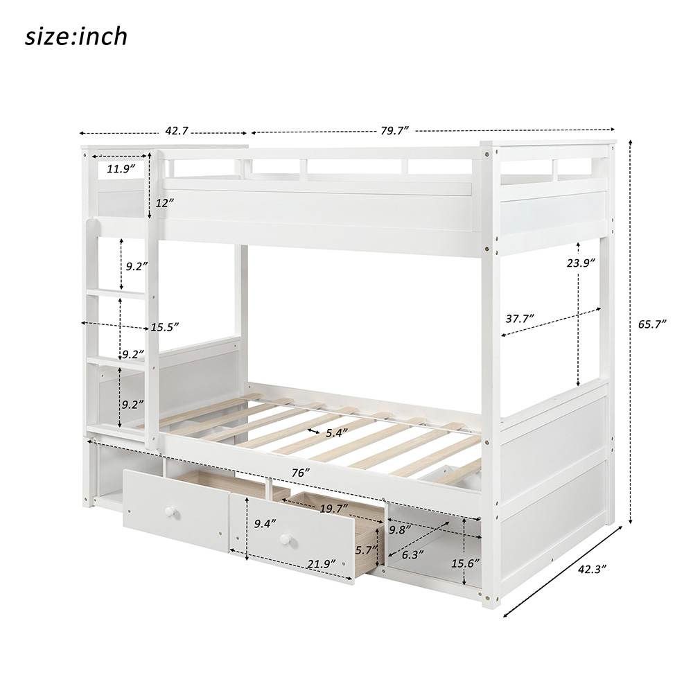 Twin-Over-Twin Size Bunk Bed Frame with 2 Storage Drawers, and Wooden Slats Support, No Spring Box Required (Frame Only) - White