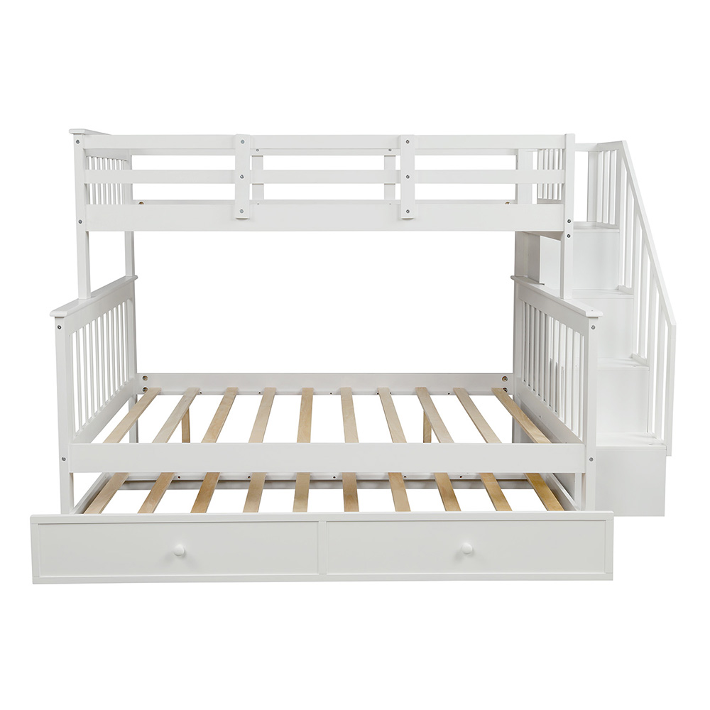 Twin-Over-Full Size Stairway Bunk Bed Frame with Trundle Bed, and Wooden Slats Support, No Spring Box Required (Frame Only) - White