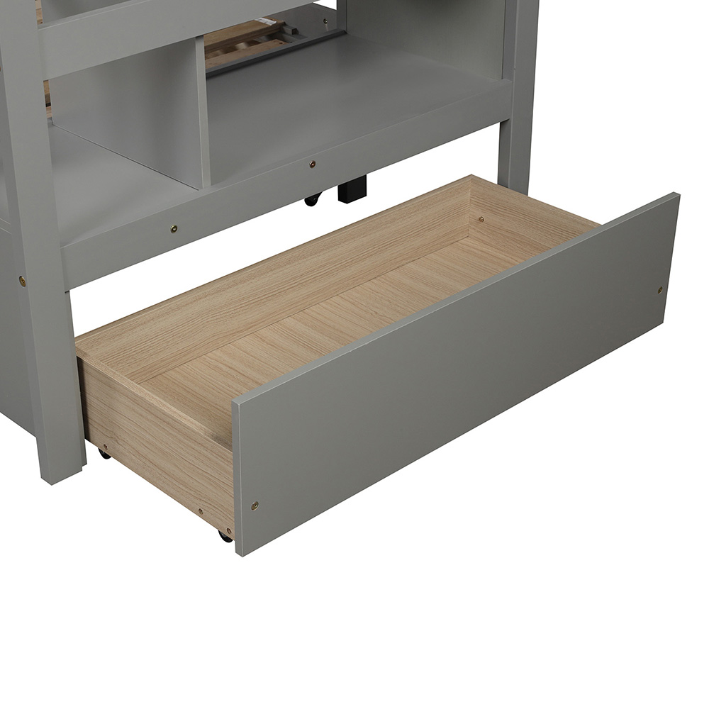 Twin-Over-Twin/King Size Wooden Bunk Bed Frame with Trundle Bed, and Storage Stairs, No Spring Box Required (Frame Only) - Gray