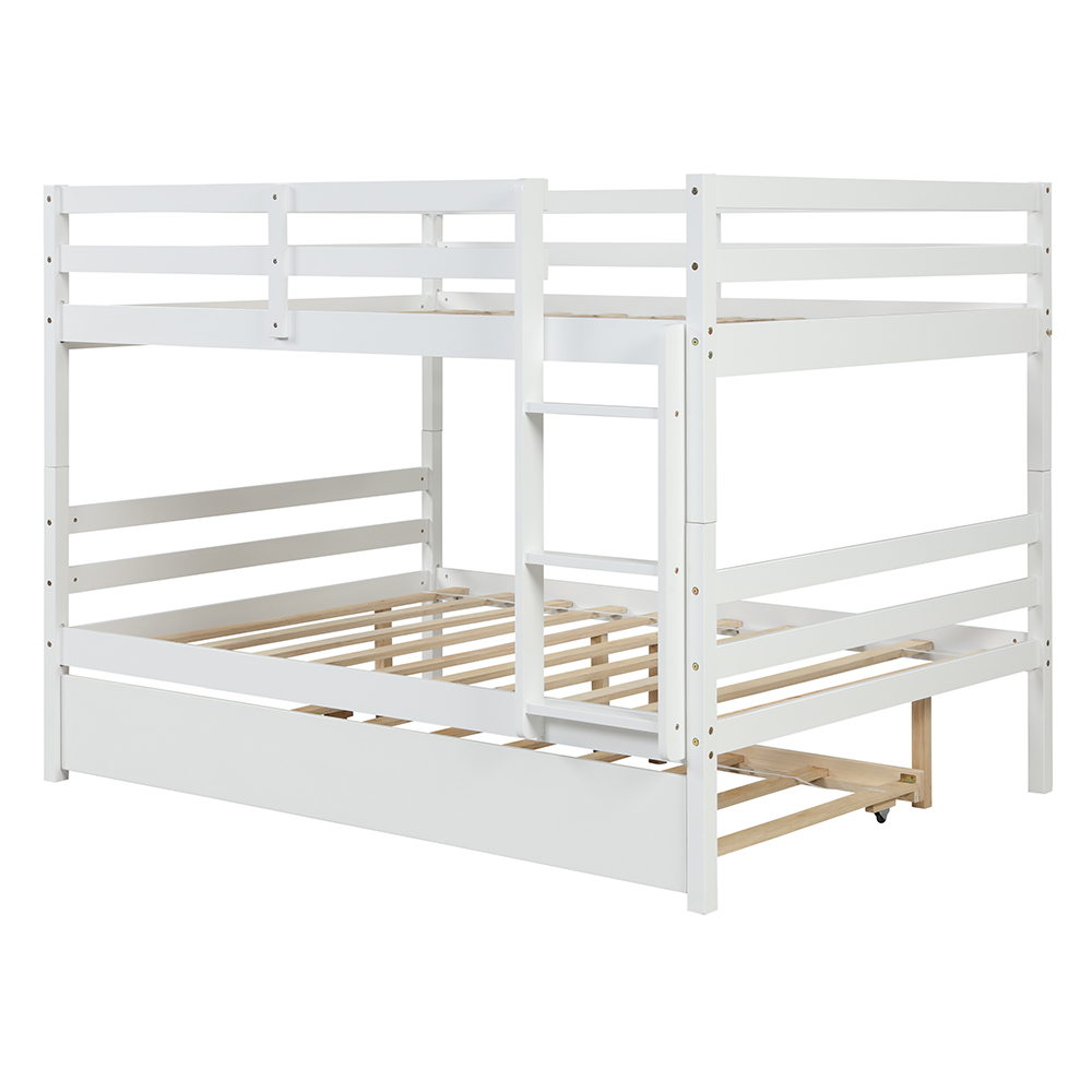 Full-Over-Full Size Bunk Bed Frame with Trundle Bed, and Wooden Slats Support, No Spring Box Required (Frame Only) - White