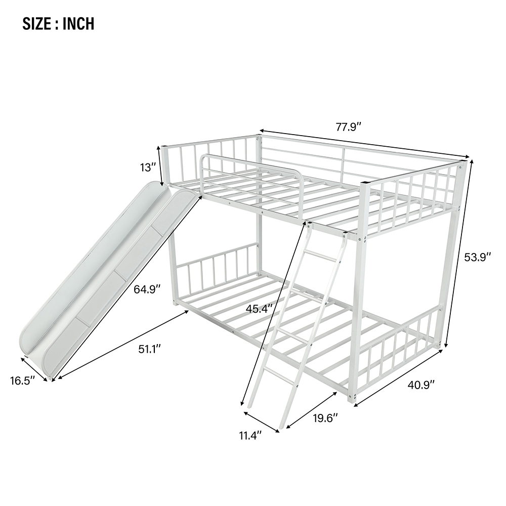 Twin-Over-Twin Size Bunk Bed Frame with Slide, and Metal Slats Support, No Spring Box Required (Frame Only) - White