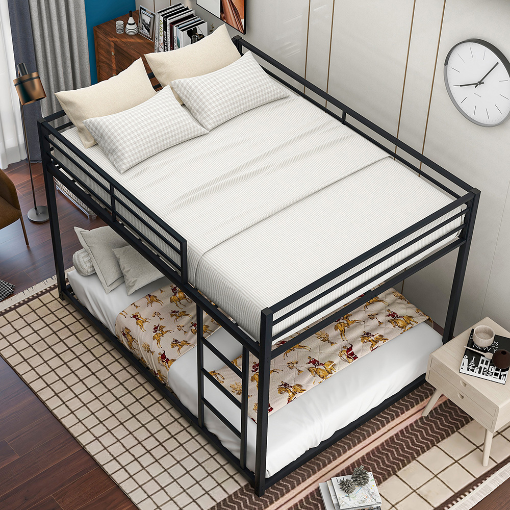 Full-Over-Full Size Bunk Bed Frame with Ladder, and Metal Slats Support, No Spring Box Required (Frame Only) - Black